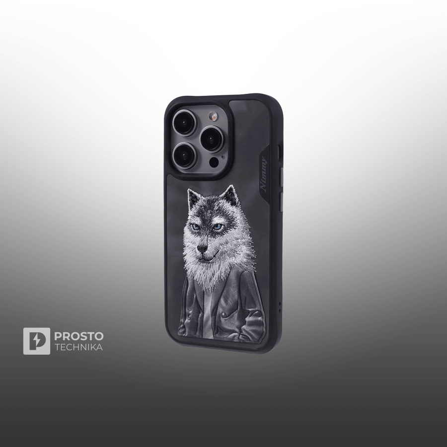 Чехол с вышивкой для Apple iPhone 15 Pro Nimmy Волк-Серый