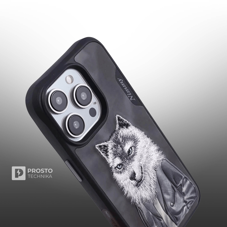 Чехол с вышивкой для Apple iPhone 15 Pro Nimmy Волк-Серый